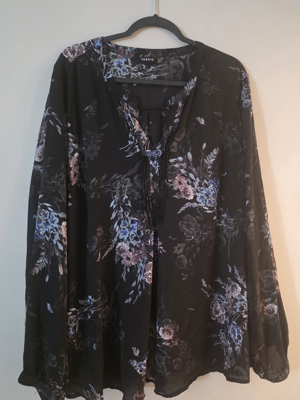 Torrid Black Floral Peasant Blouse - Black with Pink & Blue Flowers